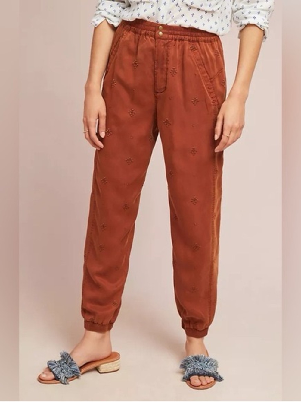 Anthropologie Embroidered Track Joggers in Rust